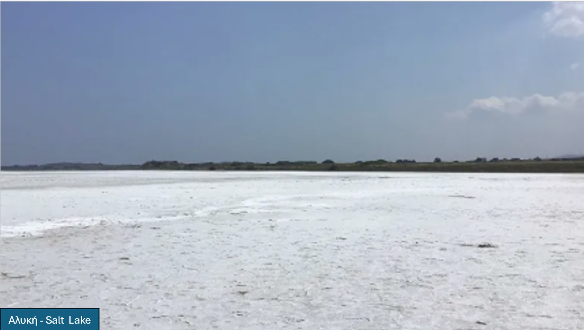 The white expanse of Alyki salt lake in Lemnos
